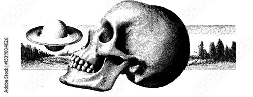 Surreal skeleton and cosmic portal collage for artistic design