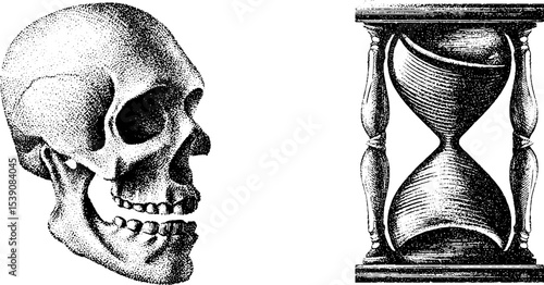 Dotwork tattoo design featuring skeleton and hourglass - timeless concept