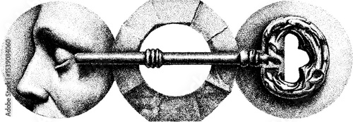 Intricate dotwork tattoo design featuring skeleton key and old door elements