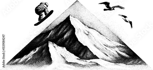 Snowboarding adventure on mountain slope in dotwork tattoo style design