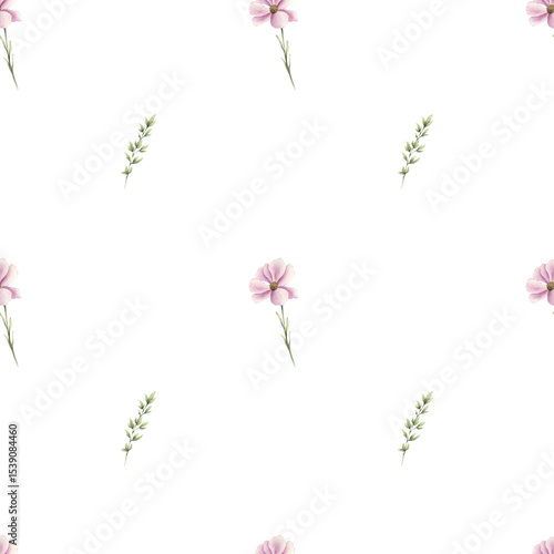 the pattern with a pink watercolor flower and a twig is minimalistic