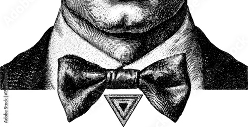 Dotwork tattoo style illustration of suit and bow tie with geometric element