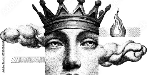 Surreal collage with suspended crown and sacred flame art