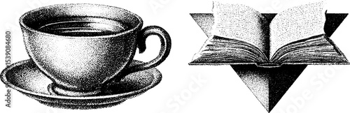 Dotwork tattoo design featuring teacup and book for artistic inspiration