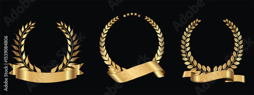 three golden laurel wreaths with decorative ribbons, which are symbols of victory, honor, fame and prestige.