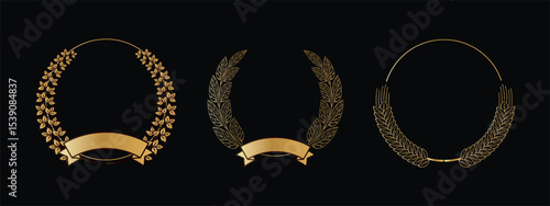three golden decorative wreaths for decoration or awards on a black background equipped with a small ribbon at the bottom