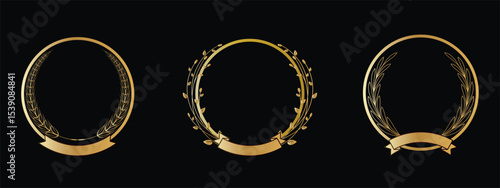 three golden decorative wreaths for decoration or awards on a black background equipped with a small ribbon at the bottom