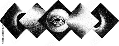 Surreal eye and geometric shapes in vintage engraving style for artistic design