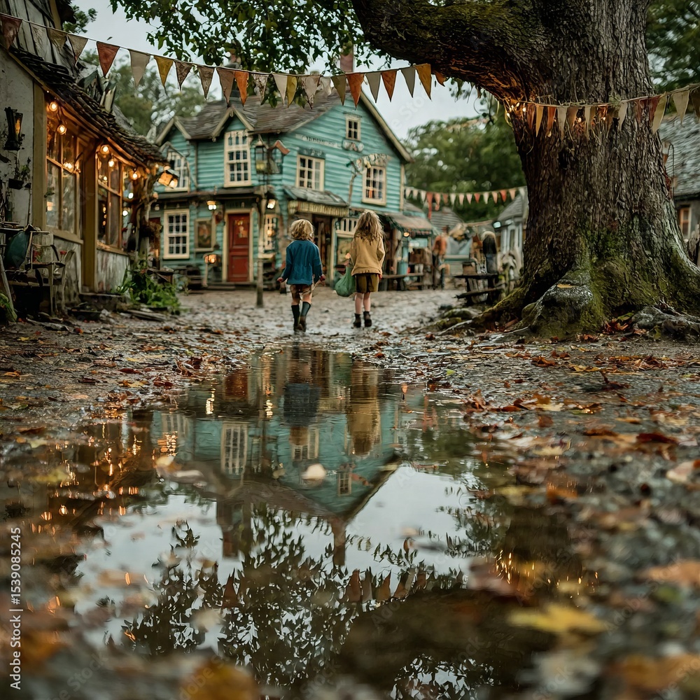 Obraz premium Enjoy a delightful stroll through the charming village, surrounded by vibrant autumn leaves and colorful festive bunting at dusk. The reflections dancing in the puddles add