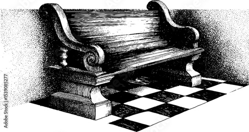 Vintage wooden bench on tiled floor in ink sketch style for interior design inspiration