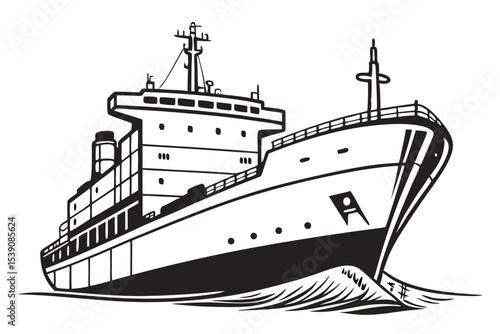 Monochrome Cargo Ship Illustration A Powerful Vessel Sailing Through the Waters Represented in a Bold and Striking Black and White Design