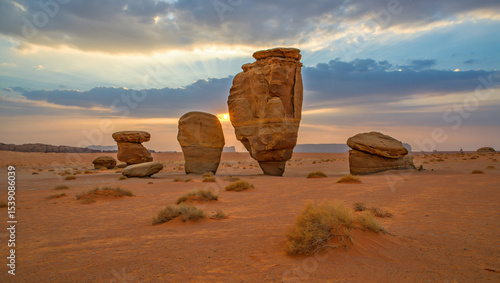 Sunset over desert rock formations in al ula