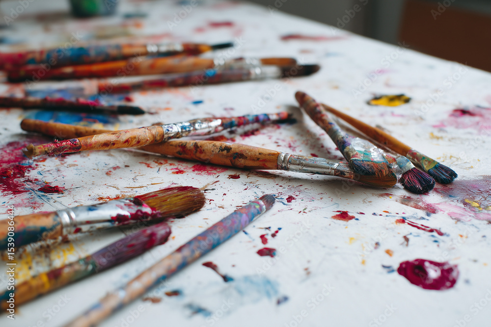 Fototapeta premium Paintbrushes with colorful stains scattered on a table with paint splatters.