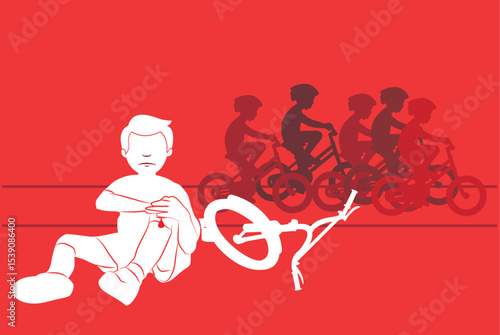 A young child sits injured after a bicycle accident, while 4–5 other children continue cycling in the background, symbolizing the vulnerability of hemophilia.