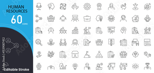 Human resources related icon collections. Containing employee, resume, hiring, interview, training, team, HR, profile, staff, recruitment icons. Editable Stroke.