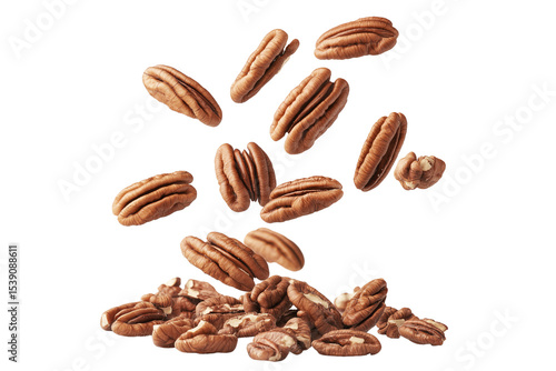 Falling pecans isolated on transparent background