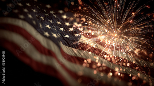 Fireworks bursting over a flag-lined parade route at night. stock image, hd quality,
