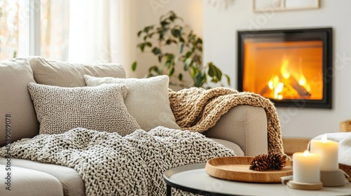 Cozy living room with fireplace and blankets