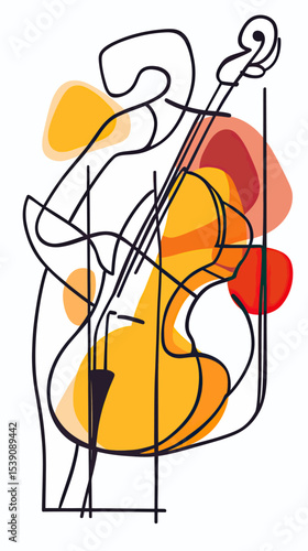 Abstract line art of cellist playing cello with colorful geometric shapes in minimalist flat vector style music instrument illustration