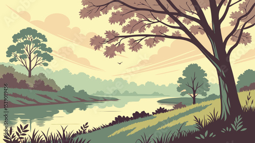 A serene landscape featuring a river, trees, and rolling hills under a pastel sky, evoking peace and tranquility in natures embrace