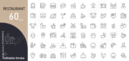 Restaurant related icon collections. Containing food, menu, chef, dining, reservation, cutlery, service, order, table, meal icons. Editable Stroke. 