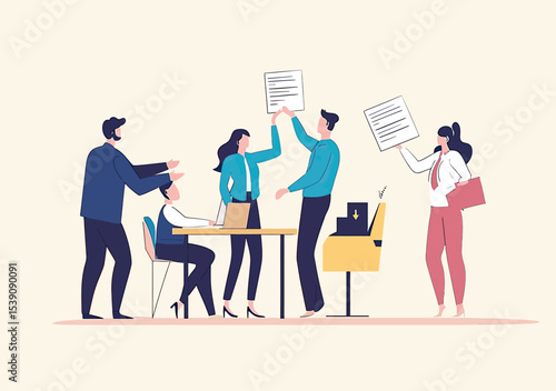 Business team collaboration with manager delegating tasks and employees holding documents in modern office flat vector illustration