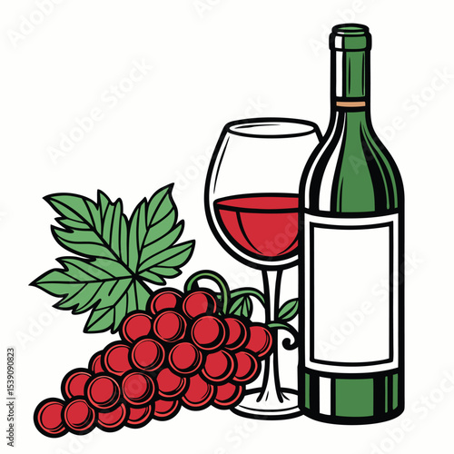 Classic wine still life features green bottle, full glass, and grapes with leaves