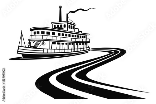 Monochrome Paddle Steamer Journey A Vintage Riverboat Traversing a Winding Waterway Graphic Illustration Nostalgic Marine Scene