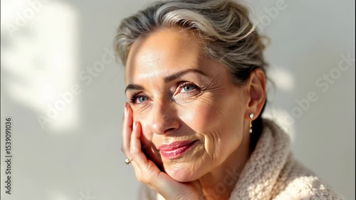 Smiling Caucasian woman in sunlight video. Beautiful mature model with grey hair portrait footage clip for skin care products, cosmetics, spa salon advert, lifestyle