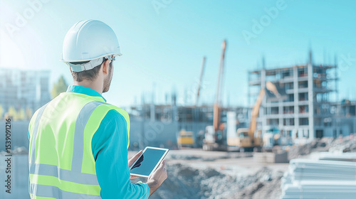 Construction engineer with tablet at busy building site in daylight pastel color