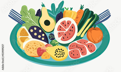 Colorful balanced plate with fresh fruits vegetables leafy greens and lean proteins in flat minimalist vector style healthy eating concept illustration