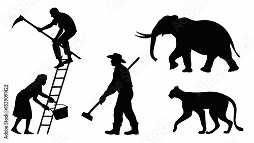 Vector art of silhouettes of farmers, ladder, and animals like elephant and panther isolated on white background, depicting agriculture and wildlife