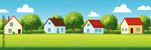 Colorful countryside landscape with row of small houses green grass blue sky white clouds and trees rural village scene in flat style vector illustration