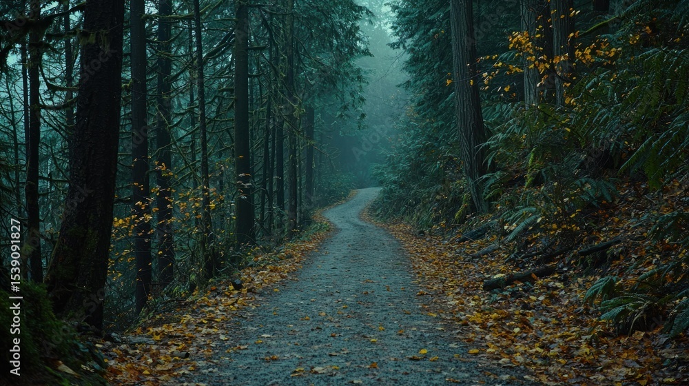 Obraz premium Misty forest path winding through trees