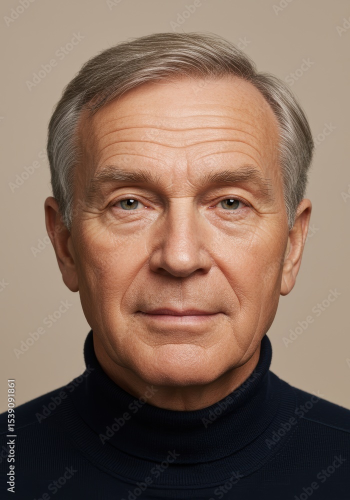 Distinguished mature gentleman in stylish dark turtleneck against neutral background Distinguished mature gentleman in stylish dark turtleneck against neutral background