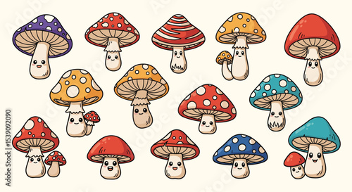 Variety of Cute Fungi with Smiling Faces a Charming Forest Scene