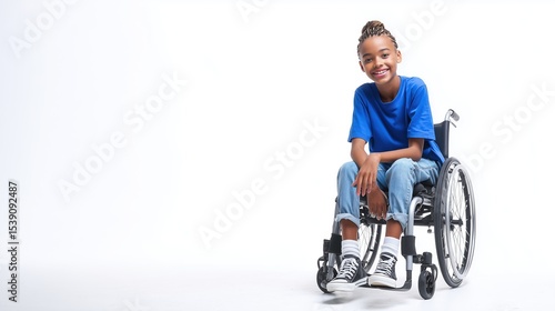 A young girl, 8-10 years old, with a physical disability smiling and sitting in a wheelchair, skinny legs put together, dressed in jeans, a blue t-shirt