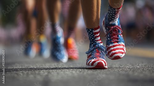 Fourth of July fitness run with runners wearing flag-themed workout gear. 
