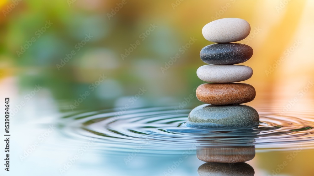 Obraz premium Stacked Stones in Water Zen Garden Composition, Five Smooth Stones, Tranquility Concept, Serenity, Balance Keywords Zen, Mindfulness