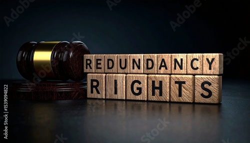 Letter cubes spelling 'Redundancy Rights' placed beside a judge's gavel on a dark background