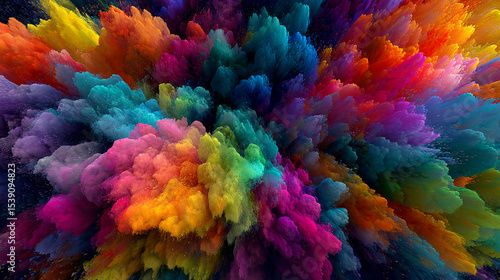 A bright explosion of colors and shapes, symbolizing the concept of creativity, on an abstract background. Colorful cloud-like patterns create visual energy, symbolizing innovation in design and art
