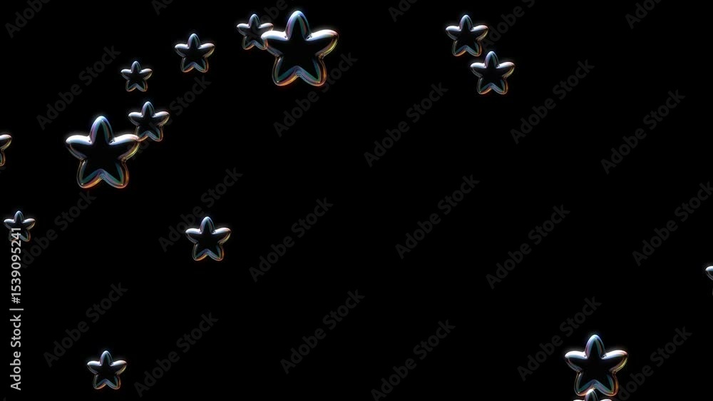 Abstract 3D Rendered Star Bubbles Floating on Black Background - Shiny, Iridescent Stars Animation Loop Abstract 3D Rendered Star Bubbles Floating on Black Background - Shiny, Iridescent Stars Animation Loop
