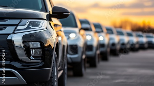Sunset Lineup of SUVs Close-up Composition, Golden Hour Lighting, Automotive Industry Concept, SUV, Vehicle Fleet SUV, Automotive
