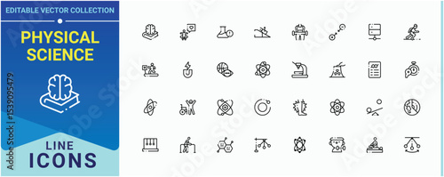 Physical Science modern icon set. Pictograms of science, analysis, mechanics, scientist, atomic and more. Physics linear icon set. Minimal icons collection. Editable stroke vector art.