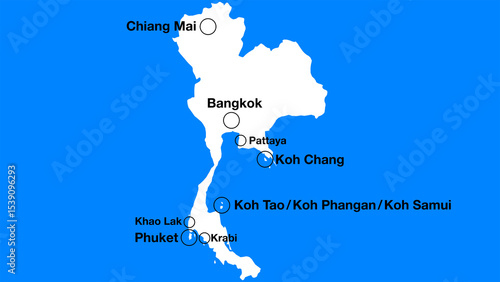 Simple map of Thailand with important places or places of interest, Thailand tourist map silhouette, Thailand simple map with cities and islands.