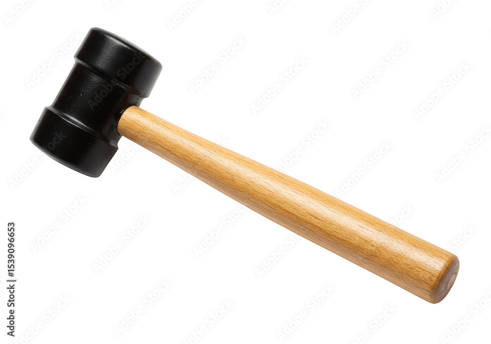 A black rubber mallet with a light wood handle, isolated on transparent background A black rubber mallet with a light wood handle, isolated on transparent background