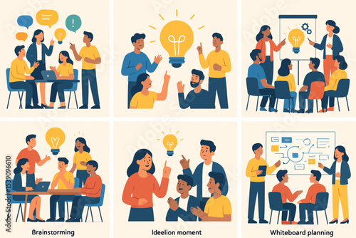 6 Creative Brainstorming Scenes – Flat Vector Concept Illustrations for Ideas & Innovation 