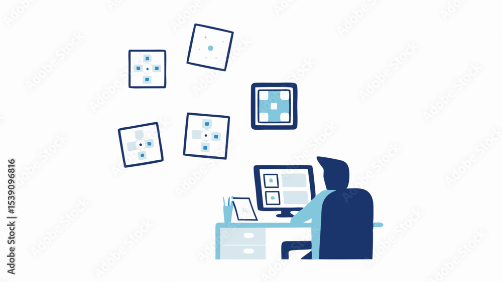 Illustration of a person at a desk working on a computer with floating square designs around them online Illustration of a person at a desk working on a computer with floating square designs around them online