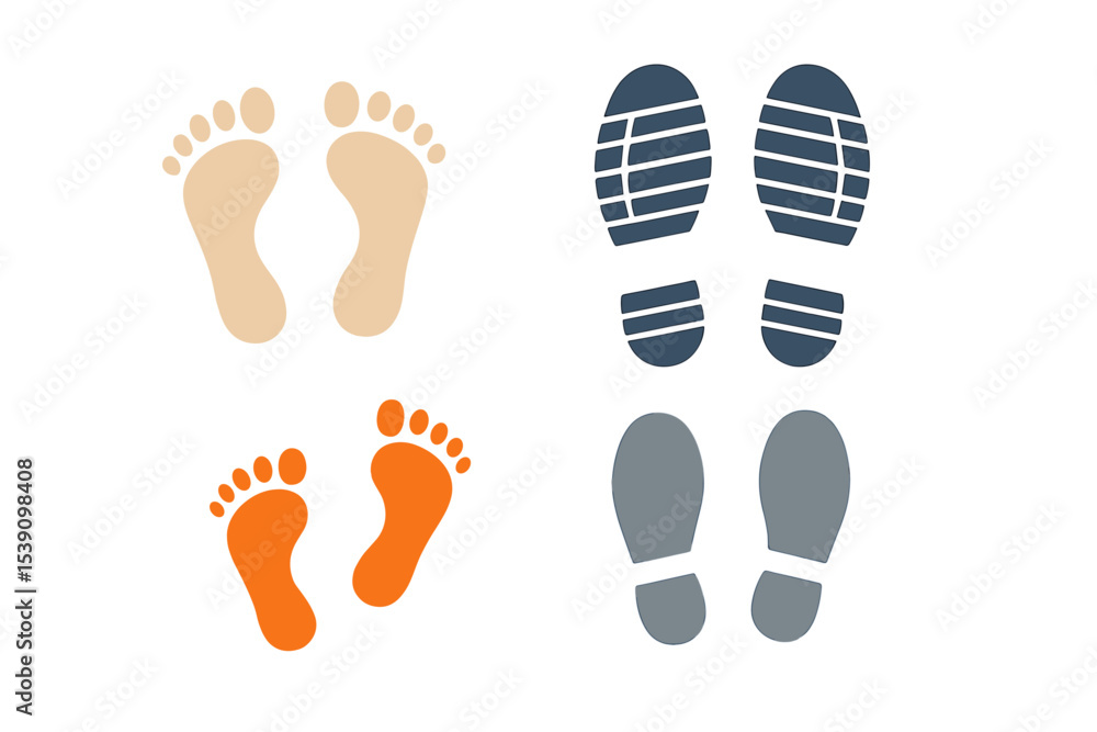 Vector illustrations of footprints, including bare feet and shoe soles for both adults and children, can be used as icons or signs to represent walking and following a trail or route for printing or Vector illustrations of footprints, including bare feet and shoe soles for both adults and children, can be used as icons or signs to represent walking and following a trail or route for printing or