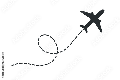 A flying plane is illustrated with a dotted line route, featuring a twisted, curved, and straight dashed trace path, provided in transparent  and vector formats